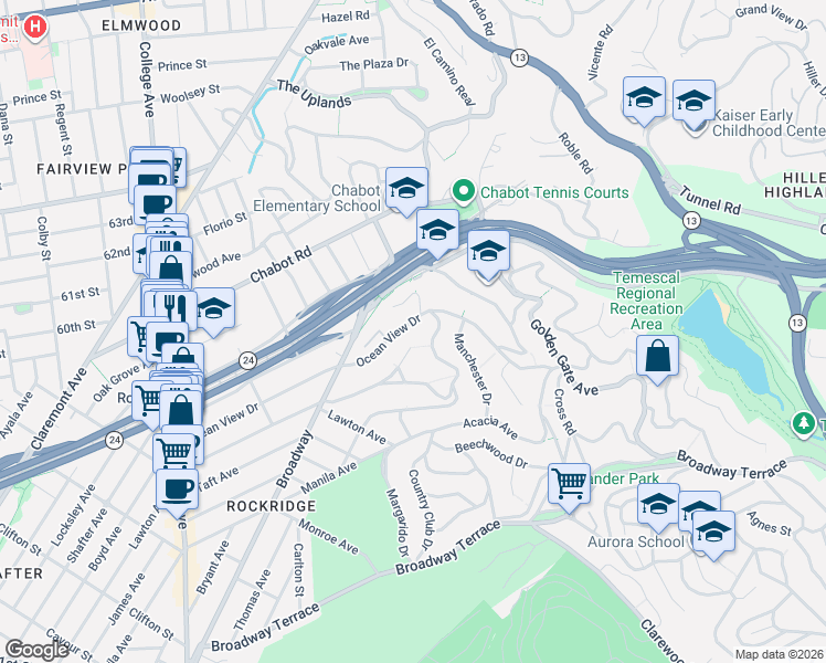 map of restaurants, bars, coffee shops, grocery stores, and more near 6144 North Rockridge Boulevard in Oakland