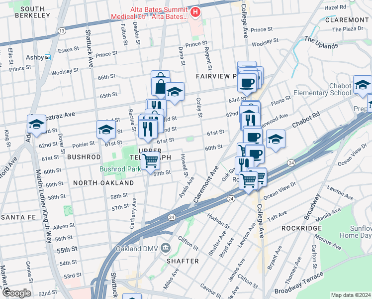 map of restaurants, bars, coffee shops, grocery stores, and more near 423 60th Street in Oakland