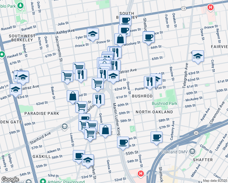 map of restaurants, bars, coffee shops, grocery stores, and more near in Oakland