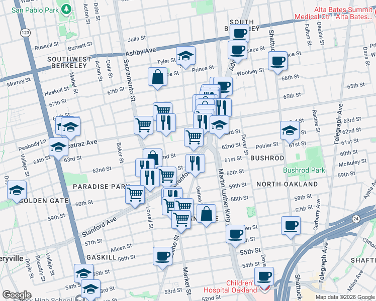 map of restaurants, bars, coffee shops, grocery stores, and more near 1632 62nd Street in Berkeley