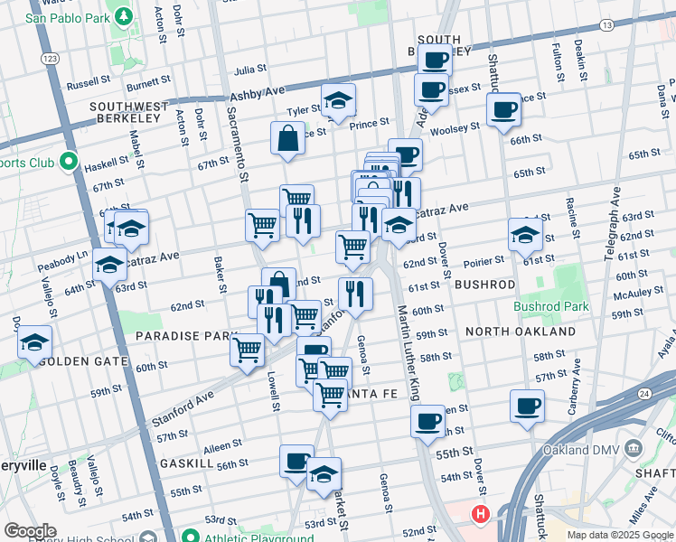 map of restaurants, bars, coffee shops, grocery stores, and more near 1632 62nd Street in Berkeley