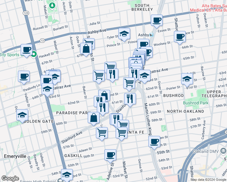 map of restaurants, bars, coffee shops, grocery stores, and more near 3342 California Street in Berkeley