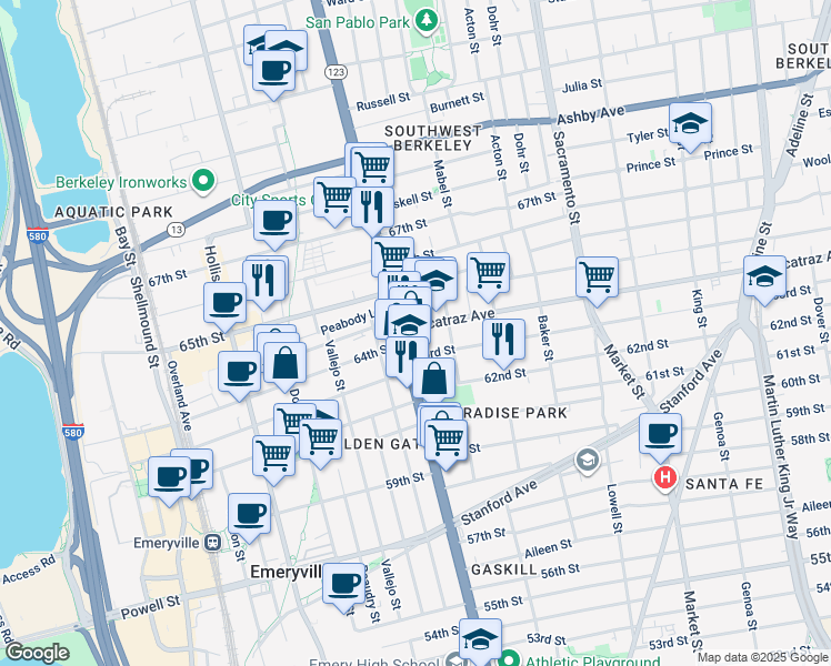 map of restaurants, bars, coffee shops, grocery stores, and more near in Oakland