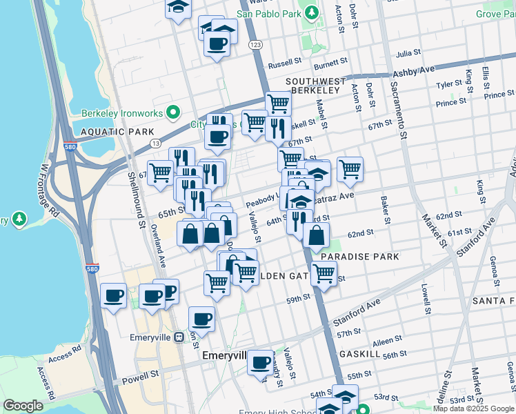map of restaurants, bars, coffee shops, grocery stores, and more near 1197 Ocean Avenue in Oakland