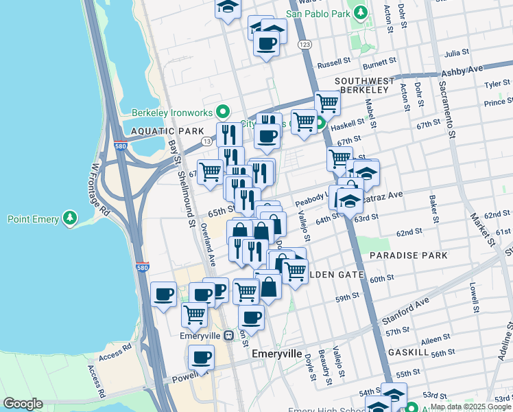 map of restaurants, bars, coffee shops, grocery stores, and more near 52 Glashaus Loop in Emeryville
