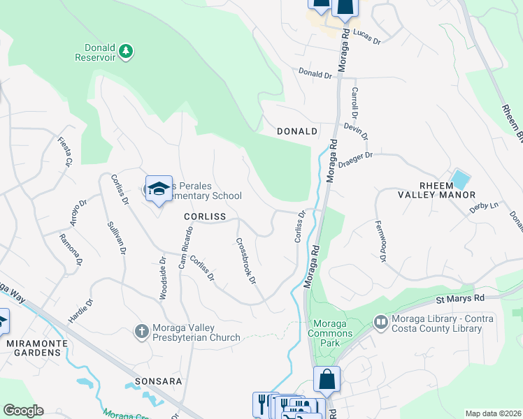 map of restaurants, bars, coffee shops, grocery stores, and more near 45 Lynwood Place in Moraga
