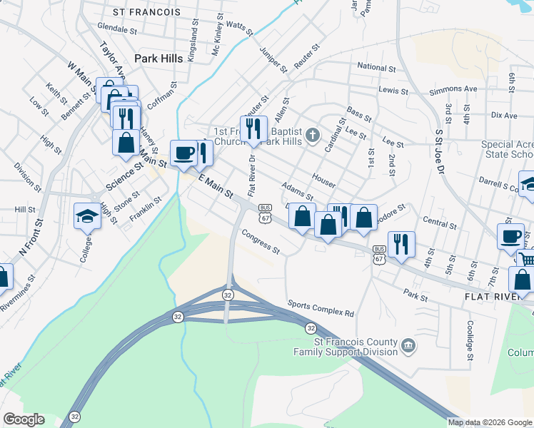 map of restaurants, bars, coffee shops, grocery stores, and more near 300 East Main Street in Park Hills
