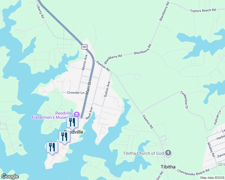 map of restaurants, bars, coffee shops, grocery stores, and more near 53 Captains Way Street in Reedville