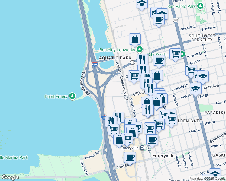 map of restaurants, bars, coffee shops, grocery stores, and more near 1690 65th Street in Emeryville