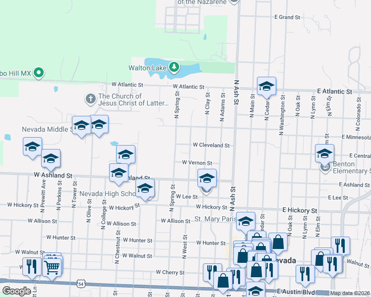 map of restaurants, bars, coffee shops, grocery stores, and more near 808 North Spring Street in Nevada