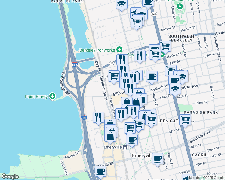 map of restaurants, bars, coffee shops, grocery stores, and more near 1598 65th Street in Emeryville