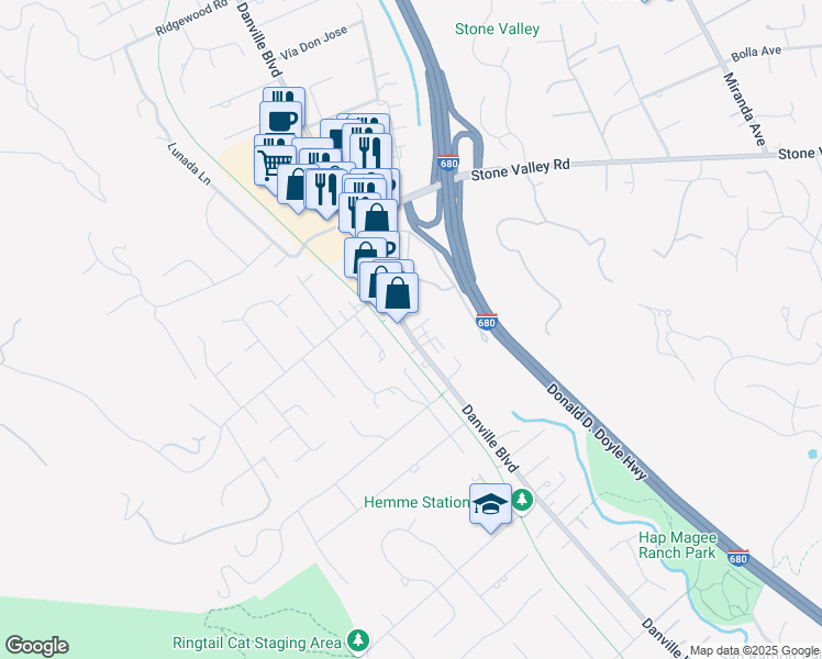 map of restaurants, bars, coffee shops, grocery stores, and more near 126 Linhares Lane in Alamo