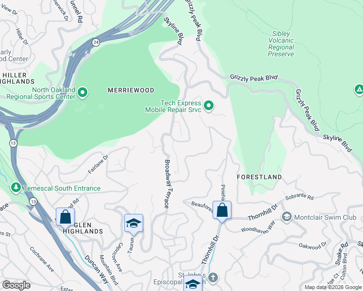 map of restaurants, bars, coffee shops, grocery stores, and more near 7000 Pinehaven Road in Oakland