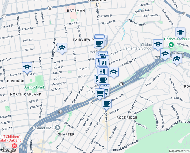 map of restaurants, bars, coffee shops, grocery stores, and more near 5916 Chabot Road in Oakland
