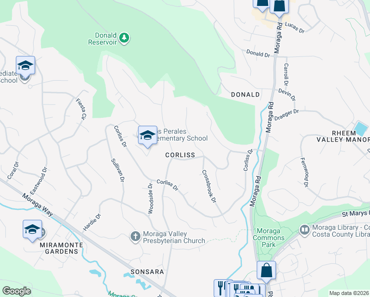 map of restaurants, bars, coffee shops, grocery stores, and more near 90 Greenfield Drive in Moraga