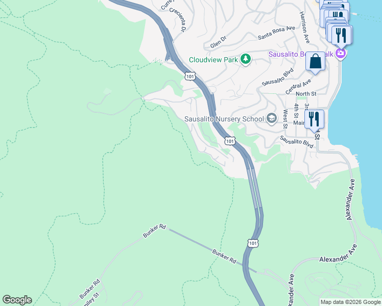 map of restaurants, bars, coffee shops, grocery stores, and more near SCA Trail in Sausalito