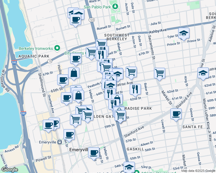 map of restaurants, bars, coffee shops, grocery stores, and more near San Pablo Ave & Alcatraz Ave in Oakland
