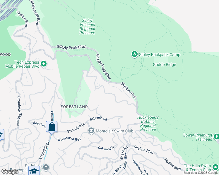 map of restaurants, bars, coffee shops, grocery stores, and more near 25 Diablo Drive in Oakland
