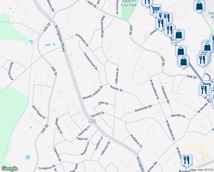 map of restaurants, bars, coffee shops, grocery stores, and more near 900 Woods Hollow Drive in Radcliff