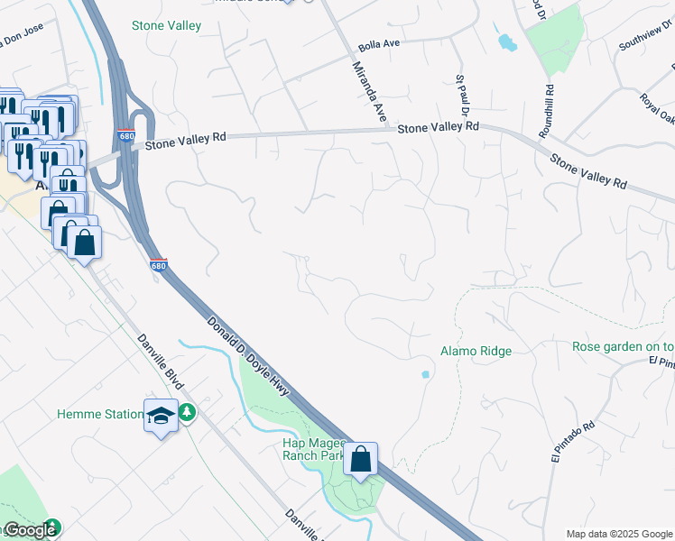 map of restaurants, bars, coffee shops, grocery stores, and more near 336 Corrie Place in Alamo