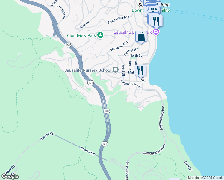 map of restaurants, bars, coffee shops, grocery stores, and more near 349 Sausalito Boulevard in Sausalito