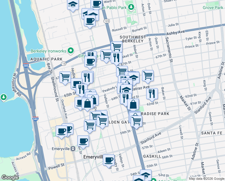 map of restaurants, bars, coffee shops, grocery stores, and more near 1164 Ocean Avenue in Oakland