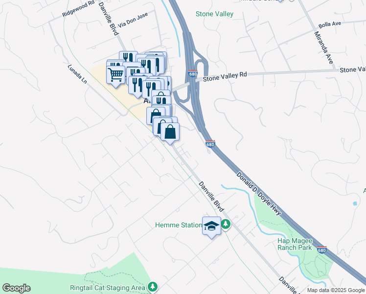map of restaurants, bars, coffee shops, grocery stores, and more near 38 Appletree Lane in Alamo