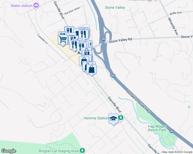 map of restaurants, bars, coffee shops, grocery stores, and more near 12 Creek Tree Lane in Alamo