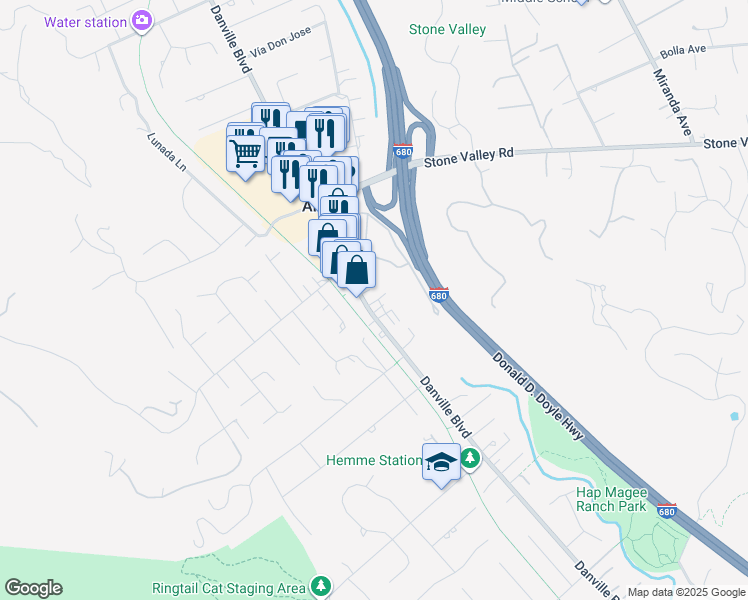 map of restaurants, bars, coffee shops, grocery stores, and more near 12 Creek Tree Lane in Alamo