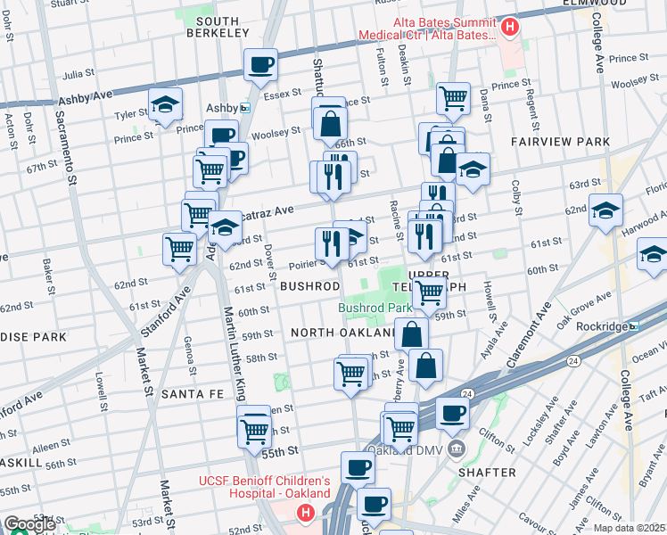 map of restaurants, bars, coffee shops, grocery stores, and more near in Oakland