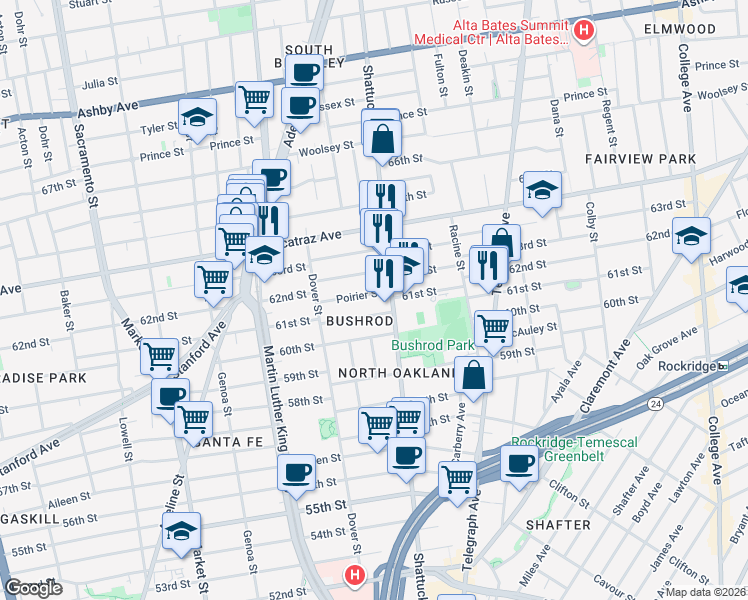 map of restaurants, bars, coffee shops, grocery stores, and more near 634 61st Street in Oakland