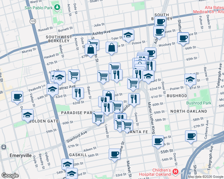 map of restaurants, bars, coffee shops, grocery stores, and more near 3342 California Street in Berkeley
