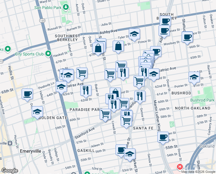 map of restaurants, bars, coffee shops, grocery stores, and more near in Oakland