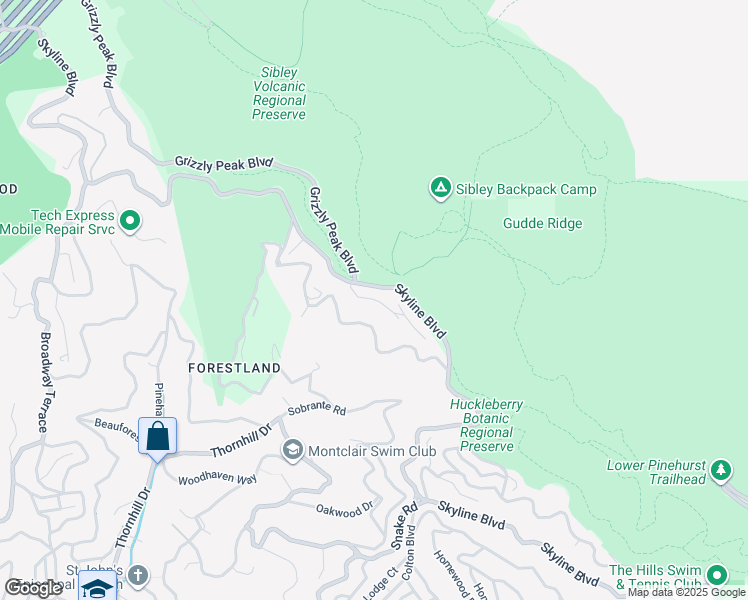 map of restaurants, bars, coffee shops, grocery stores, and more near Diablo Drive in Oakland