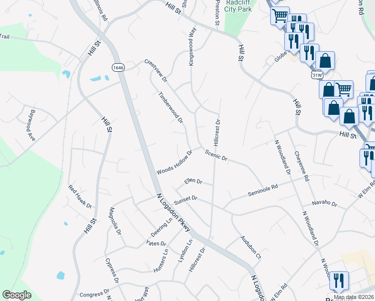 map of restaurants, bars, coffee shops, grocery stores, and more near 922 Woods Hollow Drive in Radcliff