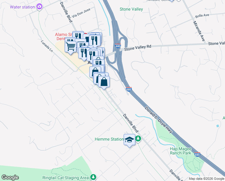 map of restaurants, bars, coffee shops, grocery stores, and more near 40 Casa Maria Court in Alamo