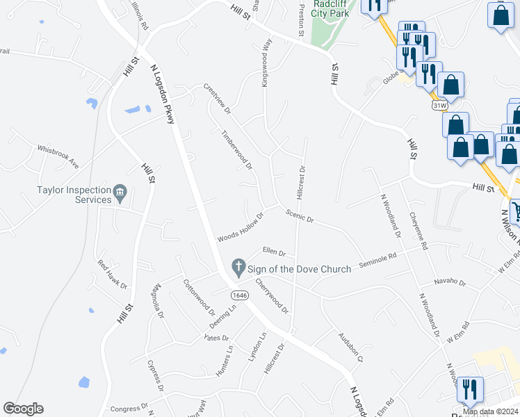 map of restaurants, bars, coffee shops, grocery stores, and more near 927 Woods Hollow Drive in Radcliff