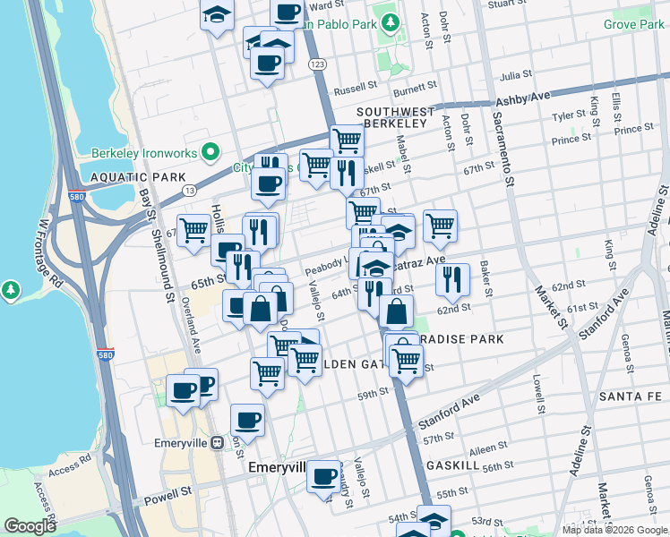 map of restaurants, bars, coffee shops, grocery stores, and more near 1164 Ocean Avenue in Oakland