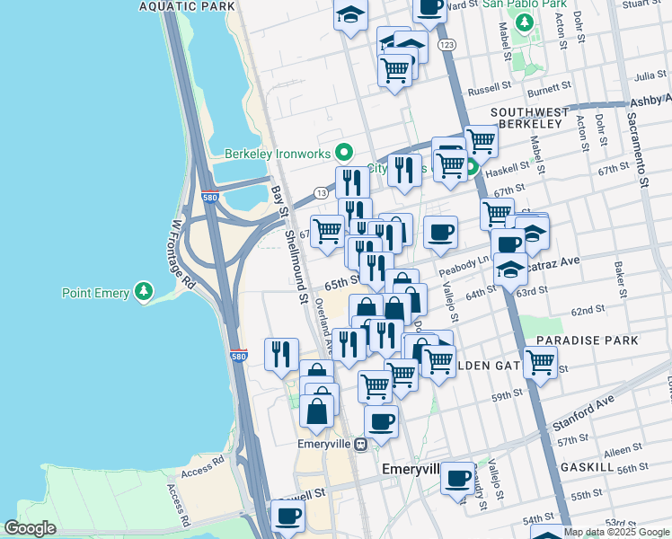 map of restaurants, bars, coffee shops, grocery stores, and more near 1598 65th Street in Emeryville