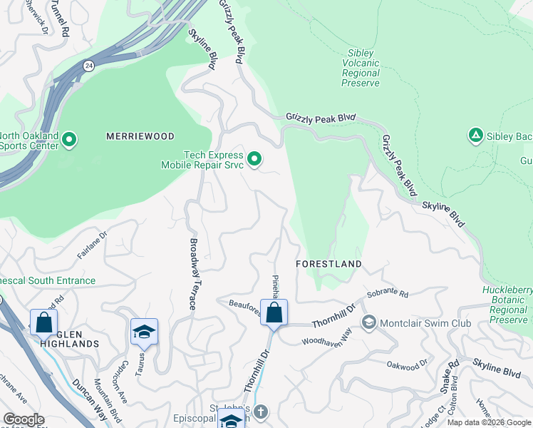 map of restaurants, bars, coffee shops, grocery stores, and more near 6925 Pinehaven Road in Oakland