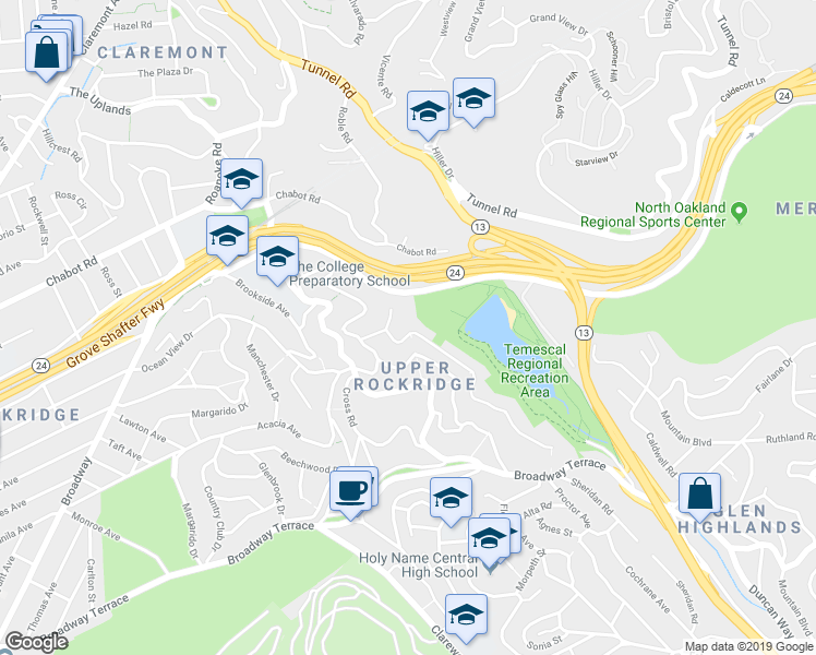 map of restaurants, bars, coffee shops, grocery stores, and more near 6000 Contra Costa Road in Oakland