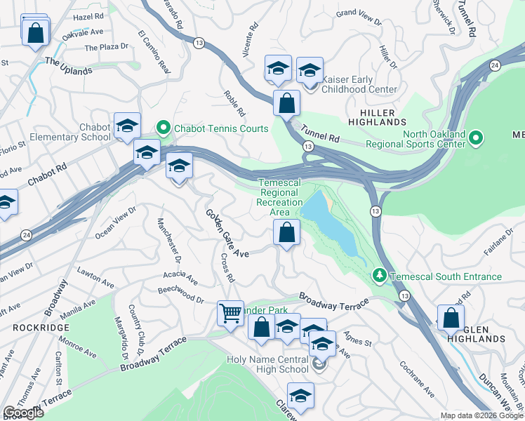 map of restaurants, bars, coffee shops, grocery stores, and more near 6000 Contra Costa Road in Oakland