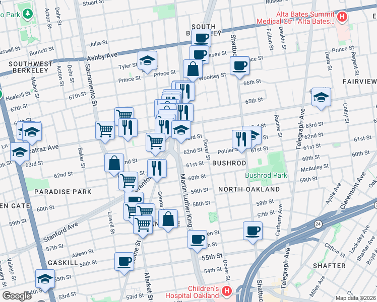 map of restaurants, bars, coffee shops, grocery stores, and more near in Oakland