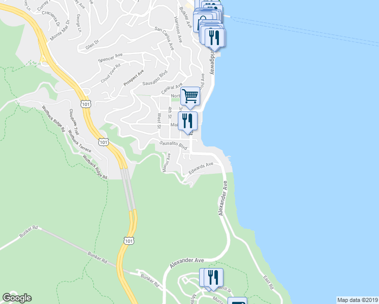 map of restaurants, bars, coffee shops, grocery stores, and more near 311 South Street in Sausalito