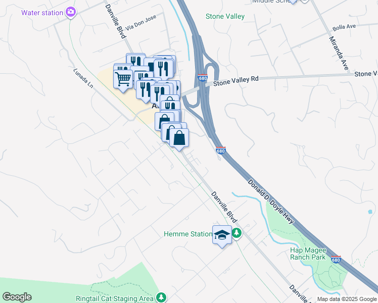 map of restaurants, bars, coffee shops, grocery stores, and more near 2 Appletree Lane in Alamo