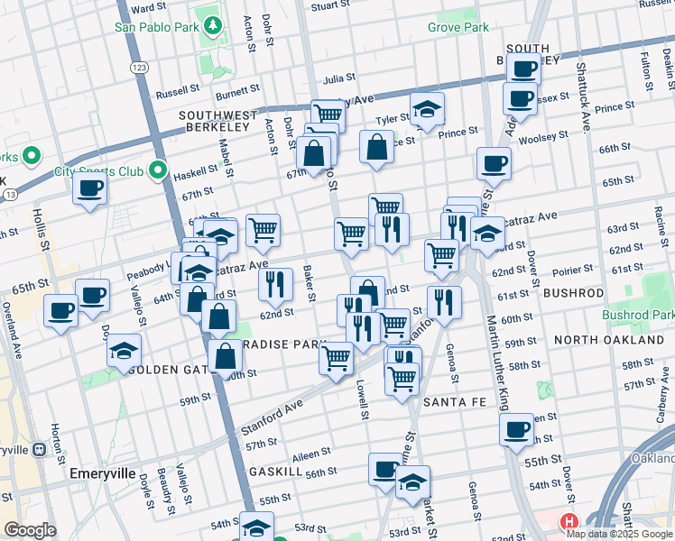 map of restaurants, bars, coffee shops, grocery stores, and more near 950 63rd Street in Oakland