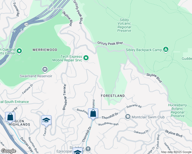 map of restaurants, bars, coffee shops, grocery stores, and more near 6745 Pinehaven Road in Oakland