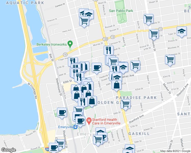 map of restaurants, bars, coffee shops, grocery stores, and more near 6480 Vallejo Street in Emeryville
