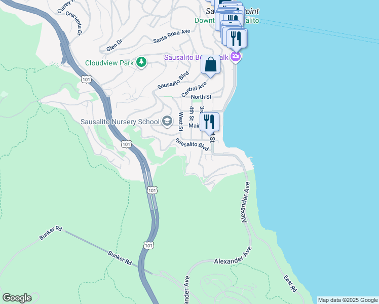 map of restaurants, bars, coffee shops, grocery stores, and more near 107 Marion Avenue in Sausalito
