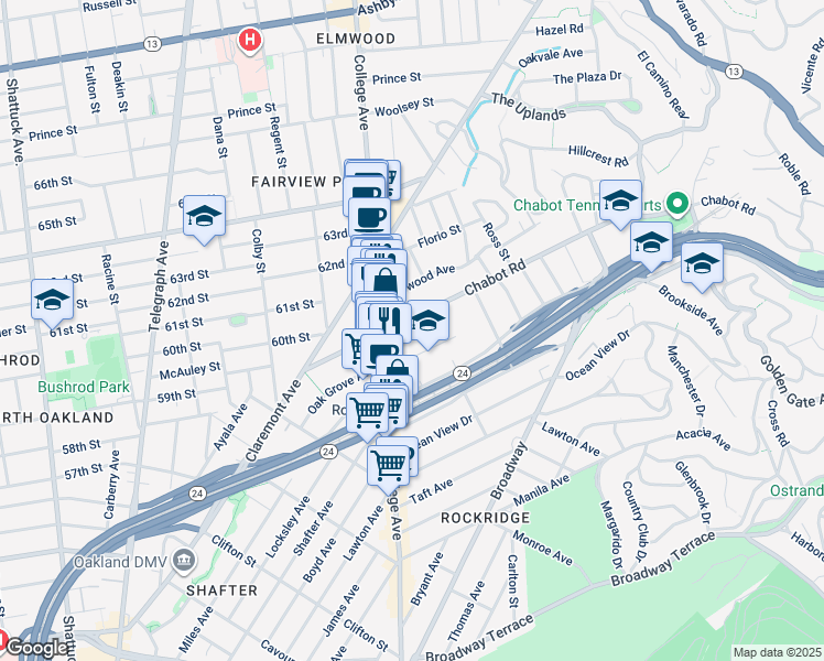 map of restaurants, bars, coffee shops, grocery stores, and more near in Oakland